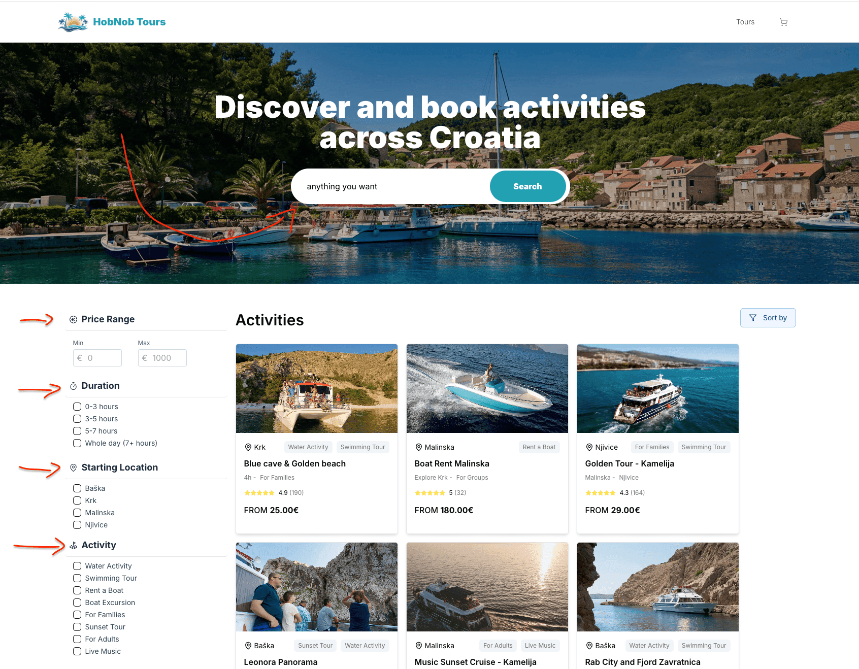 HobNob Tours search engine